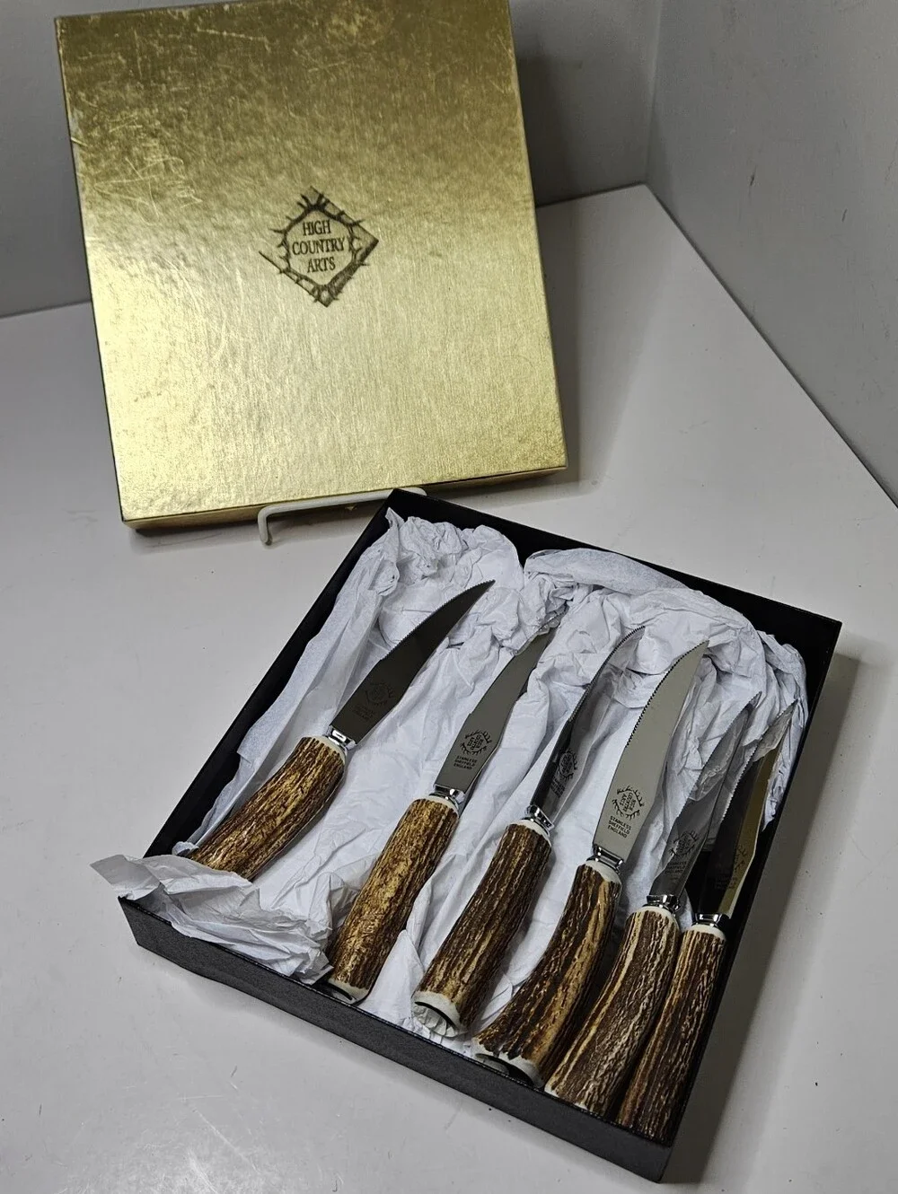 Six Sheffield Stag Antler Steak Knives High Country Arts Genuine Gold End NIB